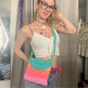 Hand Crafted Crochet Gradient Pink, Orange & Teal Crossbody Bag